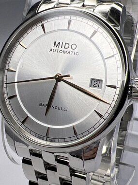 Mido Baroncelli 38mm Steel Automatic Date Watch w/ Box Papers Rose Gold Accents